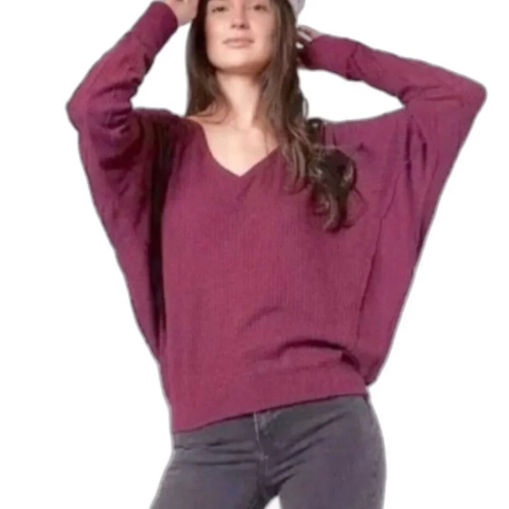 FREE PEOPLE Santa Clara Cotton Thermal V Neck Mulberry Top Womens Medium
